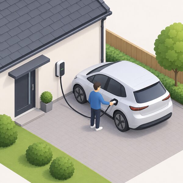 A small isometric figure plugs the charging cable from a 7kW home wallbox mounted on the outside wall of a house into the charge port of an electric car parked on the driveway beside it, ready for overnight charging.