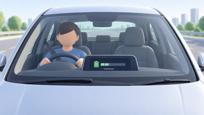 A close-up view of an electric car's dashboard instrument display showing a range readout as a plain bar with blank line segments, seen through the windscreen with a simplified driver figure at the wheel.