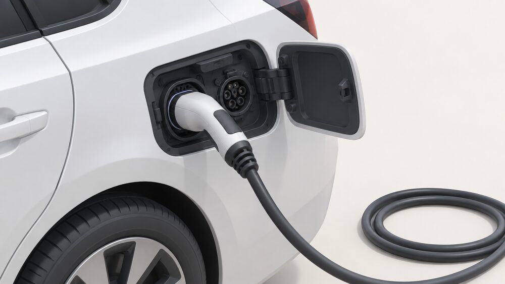 A close-up of a Nissan LEAF's charging inlet on the car's flank, with a charging cable plugged into the socket and the cable's plug seated flush, the surrounding bodywork and a coiled length of cable visible, nothing else.