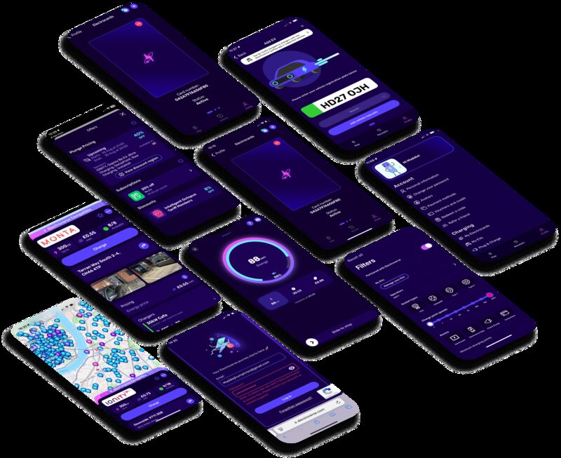 A collage of multiple phone screenshots showing the Octopus Electroverse EV charging app, including maps, charging sessions and account screens