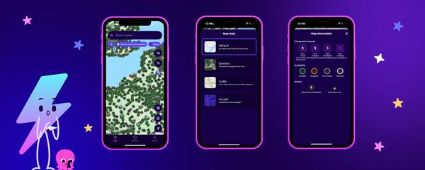 Three phone screenshots of the Electroverse EV charging app showing its map, map style options and charger information screens