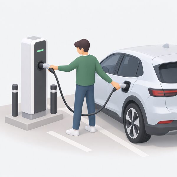 A driver at an untethered public charge point holds a Type 2 to Type 2 cable, plugging one end into the charger's socket and the other into the charge port of a parked electric car.