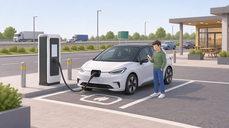 A small electric car parked in a marked bay on a motorway services forecourt beside a rapid chargepoint unit, with a tethered CCS cable running from the unit's holster to the car's front port, a simplified driver figure standing by the car holding a phone.