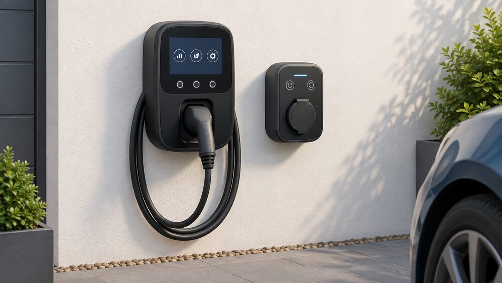 Two wall-mounted home EV chargers side by side on an external house wall above a driveway: the larger Home Pro with a touch screen and a tethered cable hanging from a holstered lead, and the smaller ePod as a compact socket unit, both with their control buttons visible.