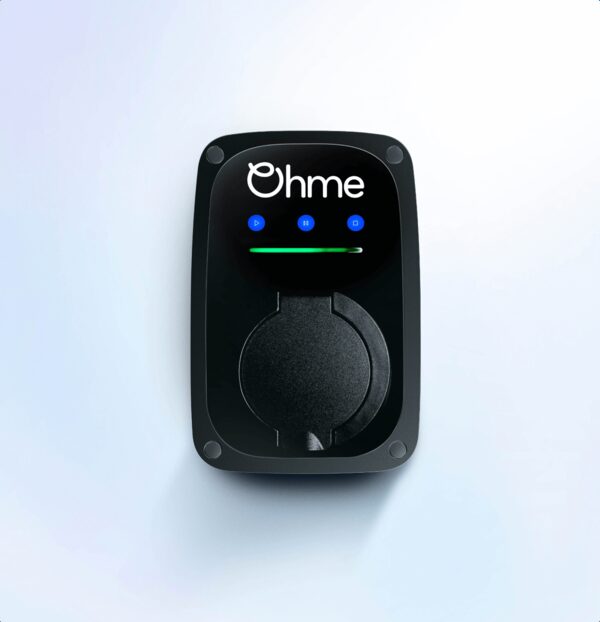 A black Ohme wall-mounted EV charge point with a green status light and socket cover