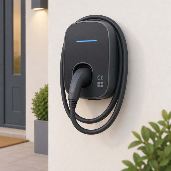 A close-up view of the wall-mounted Ohme Home Pro charge point on a plain domestic wall, its housing shown with plain certification marks such as CE and UKCA symbols rendered as simple shapes, with its tethered cable neatly stowed.
