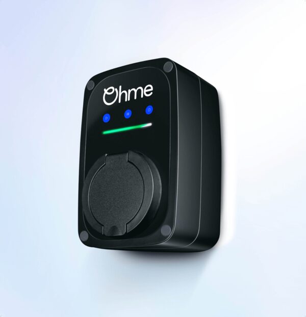 A black Ohme ePod untethered home EV charger wall unit with blue indicator lights and a green status bar