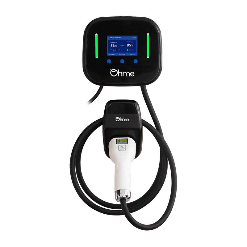 An Ohme Home Pro 7kW tethered EV wall charger with coiled cable and Type 2 plug on a white background