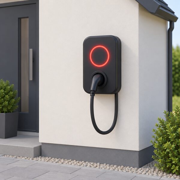 A wall-mounted EV charge point on the outside wall of a house, its circular light ring glowing red to show an error state, with no one interacting with it.