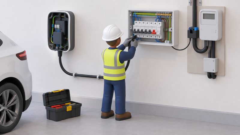 A simplified installer figure in PPE works beside a wall-mounted EV charger with its front cover removed, running cable to an opened domestic consumer unit fitted with a new circuit breaker, while a CT clamp sits around the meter tail nearby.