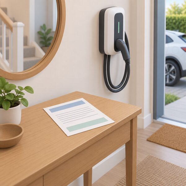 A printed warranty document lying on a table in a home hallway, with a wall-mounted electric car charge point visible on the wall nearby, the paper showing only blank lines and plain colour bands where its terms would be printed.