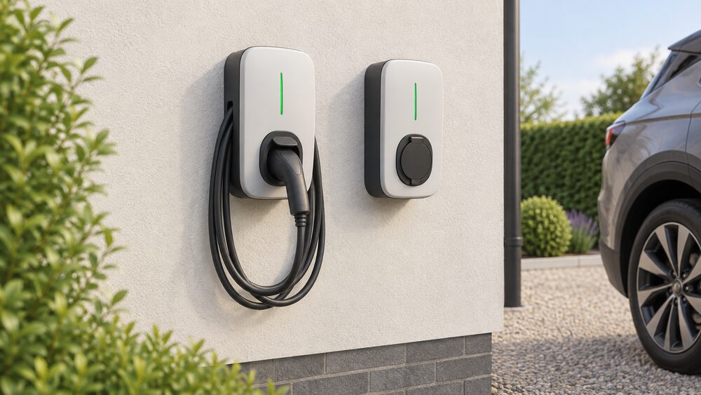 Two wall-mounted smart EV chargers side by side on an external house wall beside a driveway, one with a tethered charging cable resting in its holster, the other with a plain socket panel, both seen close up in daylight.