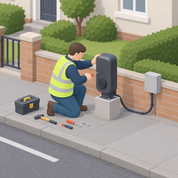 A council worker in plain clothing kneels beside a small chargepoint unit being fixed to a low concrete plinth at the edge of a residential street, with a cable running from the unit to a small electrical connection box and simple tools laid on the pavement.