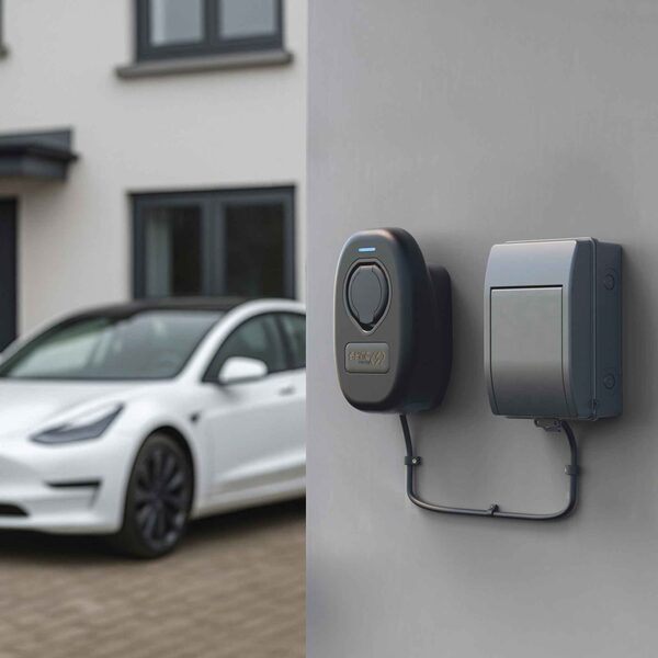 A Sync Energy EV charge point and a small grey enclosure unit mounted on an exterior wall beside a parked white electric car