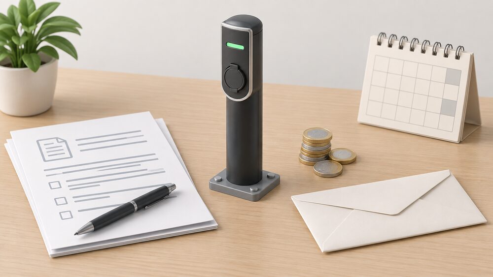 A small model of a public on-street electric vehicle chargepoint on a post stands on a table beside blank application paperwork, a sealed envelope, a small stack of coins and a closed calendar, arranged as a council grant funding moment.