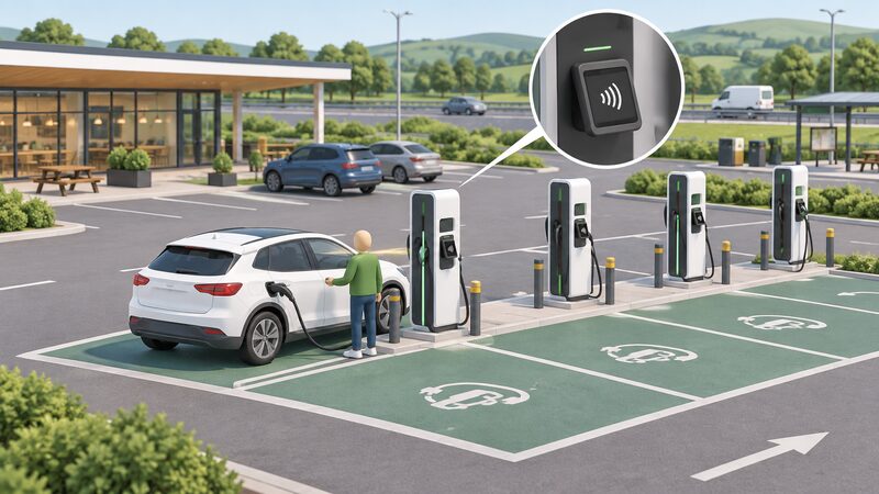 A Welsh trunk road service area forecourt where a simplified driver stands plugging a car into a rapid chargepoint fitted with a contactless payment terminal, with several more rapid chargepoints in bays nearby.
