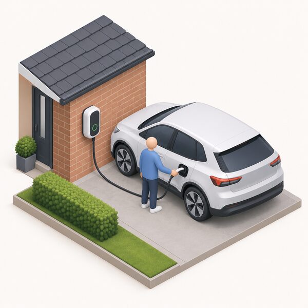A compact wall-mounted home EV charger box fixed to the outside brick wall of a house beside a driveway, with a charging cable running from the unit to a parked electric car, and a small isometric figure plugging the connector into the car's socket.