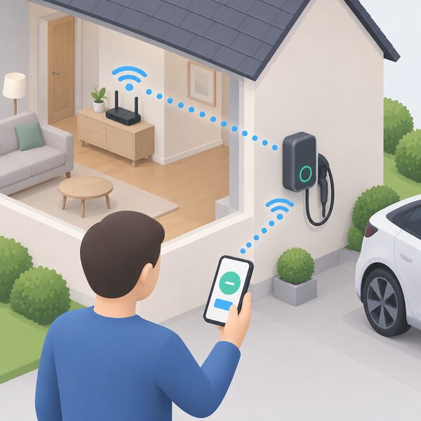 A wall-mounted home EV charger on an outside house wall with a Wi-Fi signal shown travelling from the property's broadband router inside to the charger, while a person holds a phone running a charging app with a signal link to the charger.