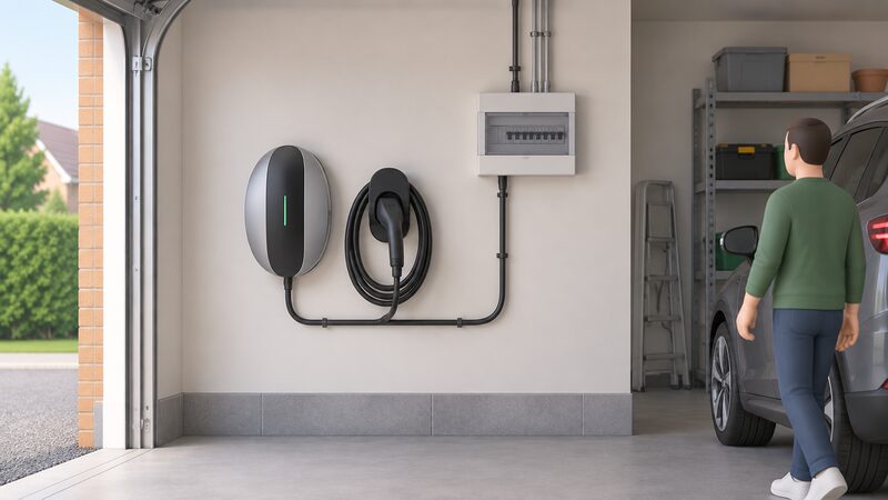 A wall-mounted home EV charger inside a domestic garage, shown in a simple cutaway view, with its charging cable neatly coiled and hung on the integrated holster beside the unit, and the household consumer unit and supply cabling visible on the adjacent wall to indicate the existing electrical installation.