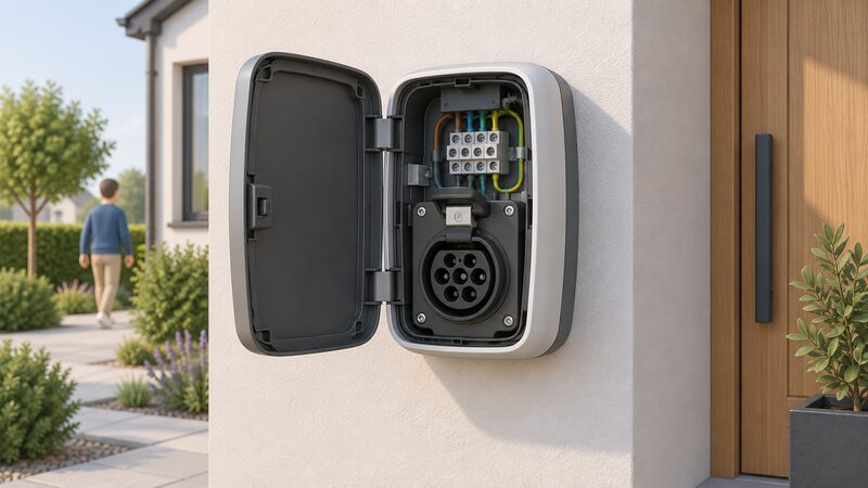 A wall-mounted untethered Solo 3 home charger with its front cover open, revealing a Mennekes Type 2 socket with its locking mechanism and the internal wiring terminals behind it, drawn as a cutaway in a home exterior setting.