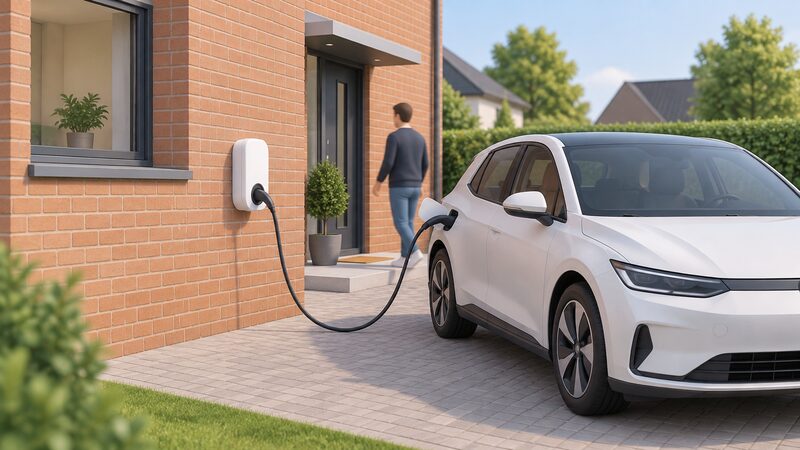 A small white wall-mounted EV charge point unit fixed to the exterior brick wall of a house beside a driveway, with a cable plugged into a parked car.