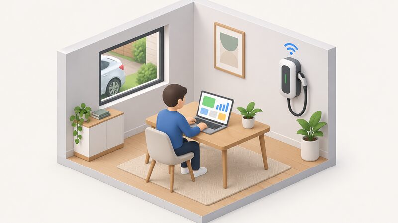 A simplified isometric figure sits at a table using a laptop whose screen shows a plain dashboard of colour blocks and bars, beside a wall-mounted EV charge point with a small Wi-Fi symbol above it, in a home room.