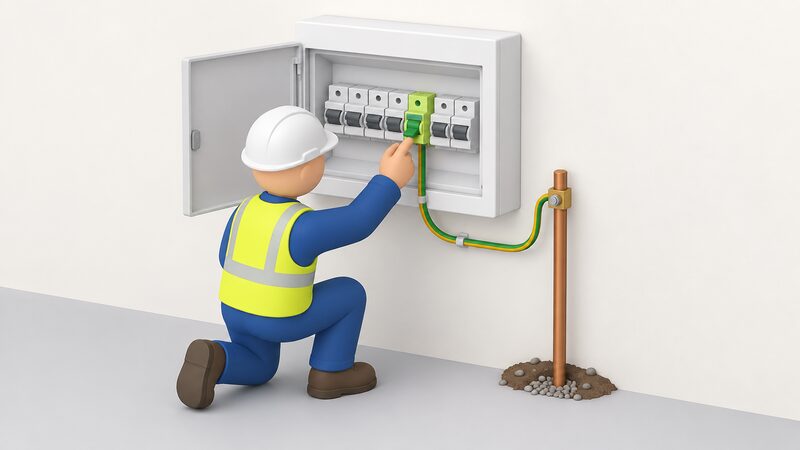 A domestic consumer unit with its door open showing a dedicated EV charger circuit breaker among the other breakers, with a cable from that breaker running to an earth rod connection beside the unit, an installer's simplified figure checking the wiring.