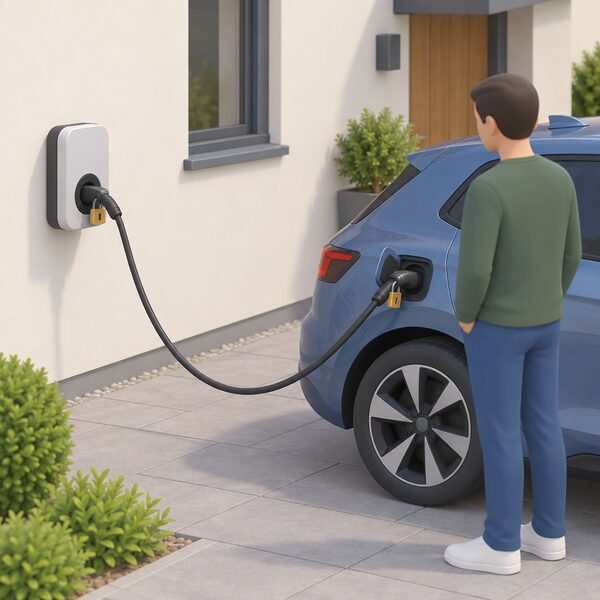 A single-gun untethered AC charge point mounted on a house wall beside a parked car, with the owner's own Type 2 cable plugged into the charge point and the car, secured by the cable lock so the cable is locked at the charge point end and at the vehicle end.