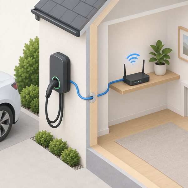 A wall-mounted home EV charge point on an outside wall with a cable running indoors to a WiFi router on a shelf, showing the network link the app depends on.