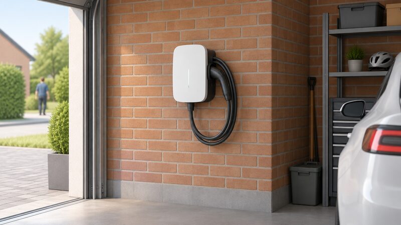 A small white wall-mounted AC charge point fixed to a brick garage wall, with a tethered charging cable coiled neatly on its side holster, shown in a simple domestic garage setting.