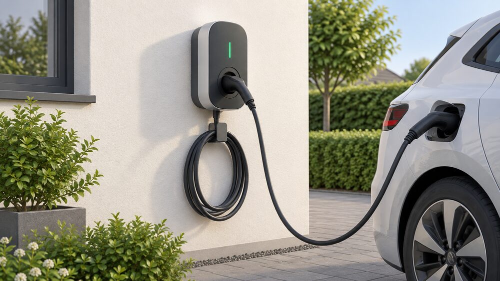 A single-gun 7.3kW AC EV wallbox charger mounted on the outside wall of a house beside a driveway, with a charging cable plugged into its socket and a coiled tethered cable hanging neatly below it.