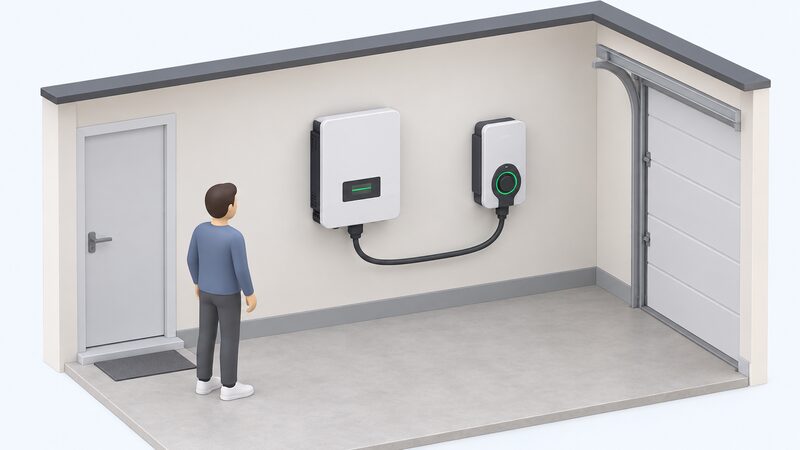 A wall-mounted EV charger and a solar inverter side by side on a garage wall, joined by a cable running between the two units, shown as a simple isometric view with no vehicle present.