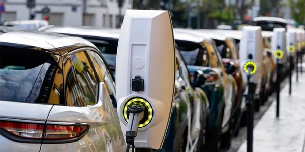 A row of white public EV charge points on a street with parked electric cars plugged in