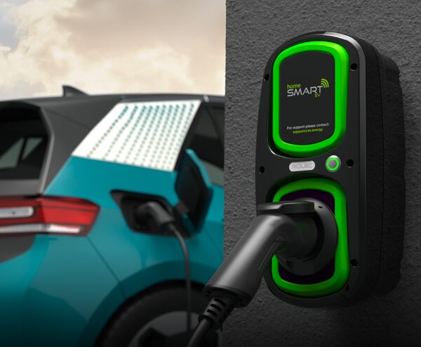 A Rolec HomeSmart EV wall charger mounted on a wall with a charging cable plugged into a teal electric car