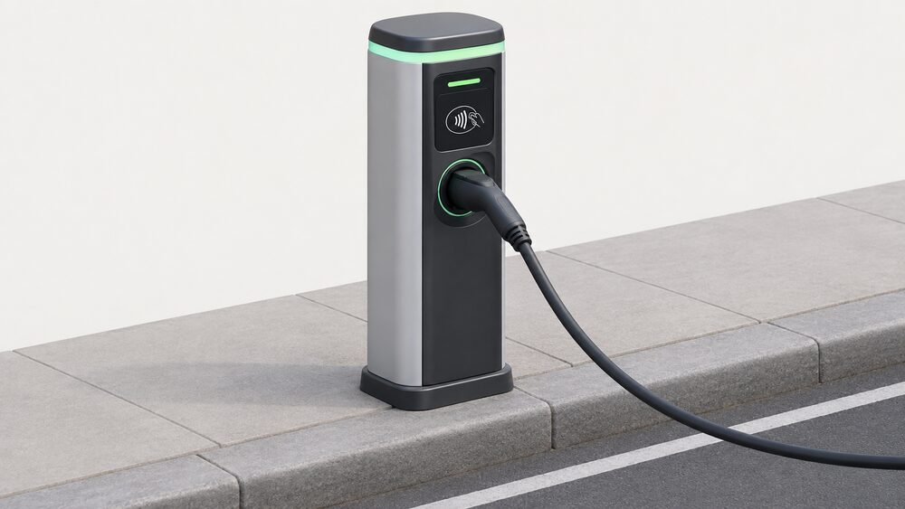 A close-up of a freestanding public electric vehicle chargepoint on a pavement kerbside, with a contactless payment reader on its front, a charging cable plugged into its socket and running out of frame, and nothing else in the scene.