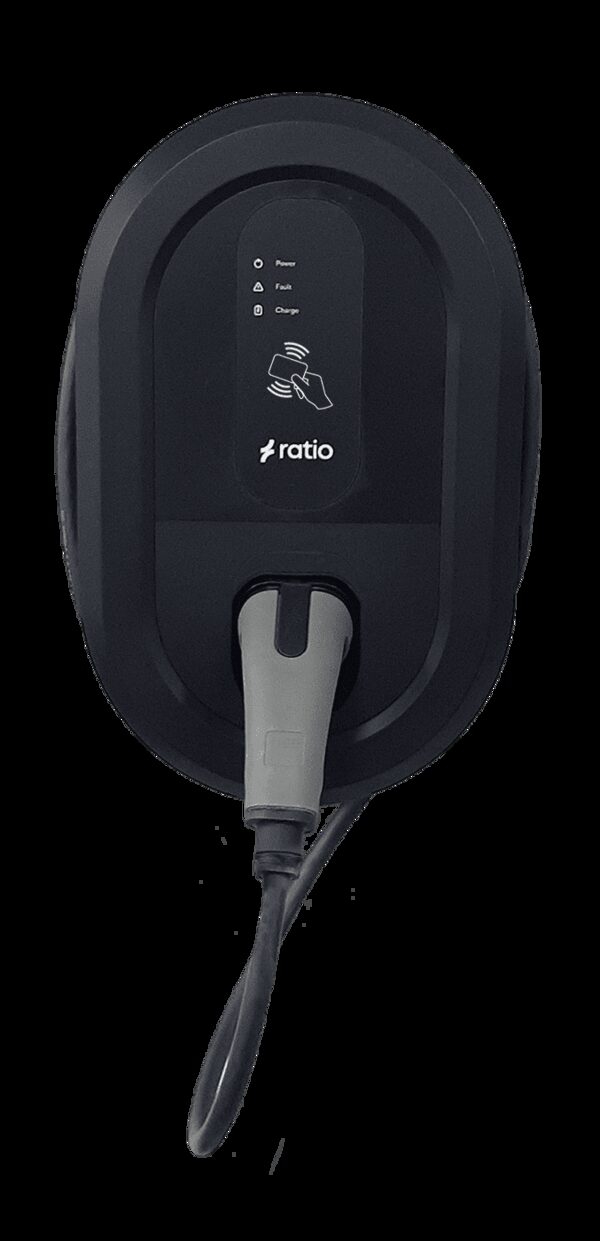 A black Ratio io6 wall-mounted EV chargepoint with a tethered Type 2 charging cable and status indicator icons