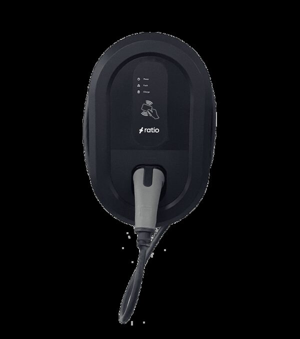 A black Ratio io6 wall-mounted EV charger with a tethered cable on a white background