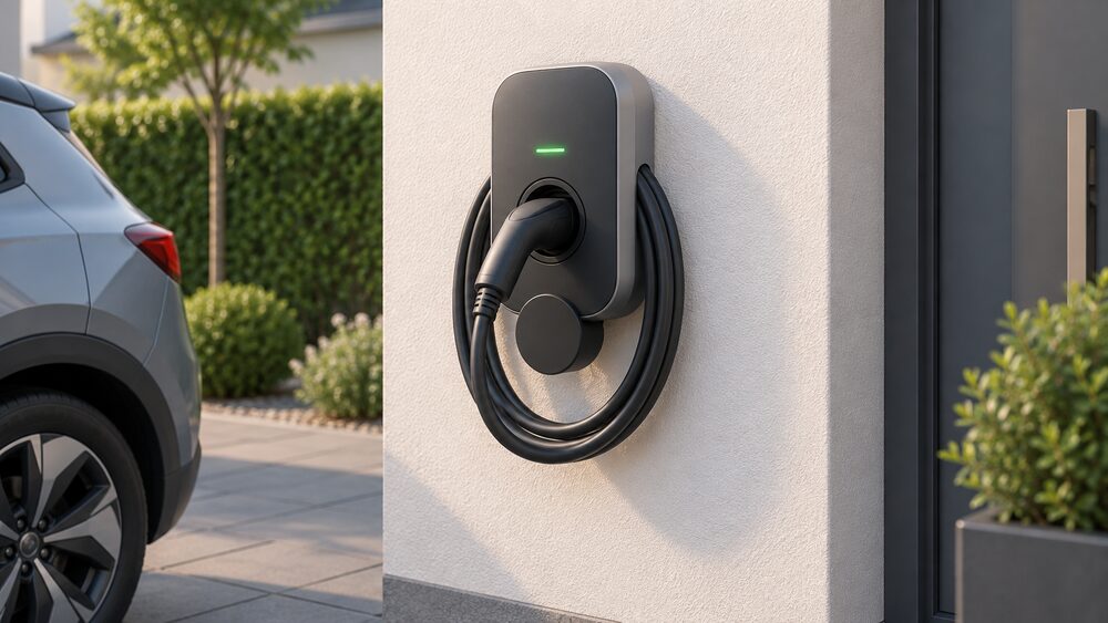 A close-up of a domestic EV wallbox mounted on an outside house wall beside a driveway, with a Type 2 charging cable plugged into its socket and the coiled cable stowed on the wallbox's built-in cable storage hub, its LED indicator glowing.