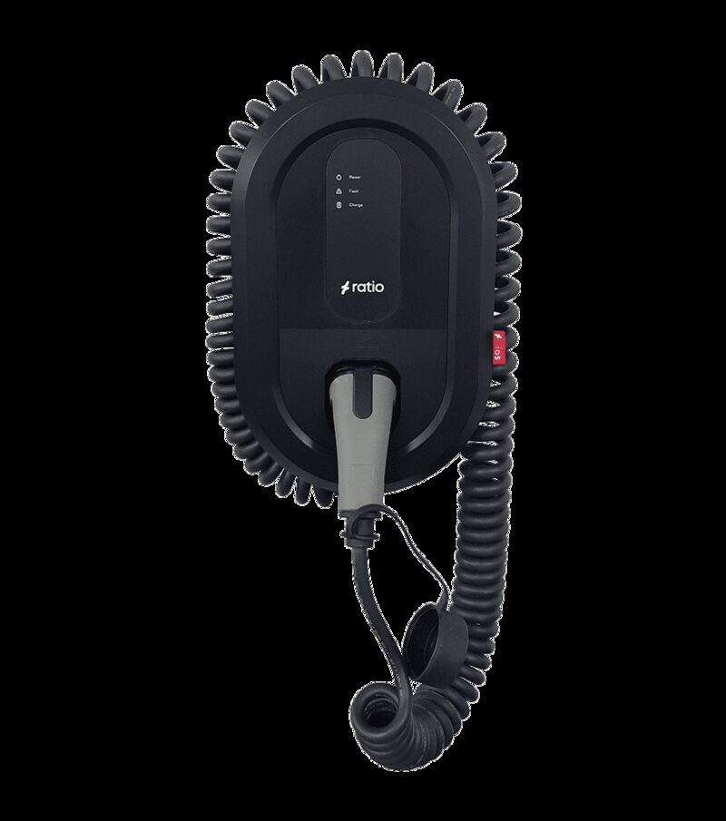 A black Ratio io5 wall-mounted home EV charger with coiled cable and tethered plug on a white background