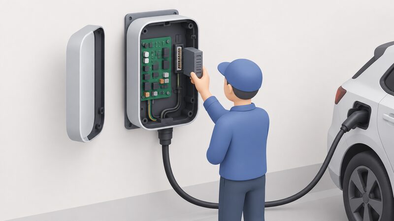 An open wall-mounted EV charger with its front cover removed, a simplified installer figure plugging a small expansion module into a socket beside the existing circuit board inside, the mounting bracket and cable run to the car left undisturbed.