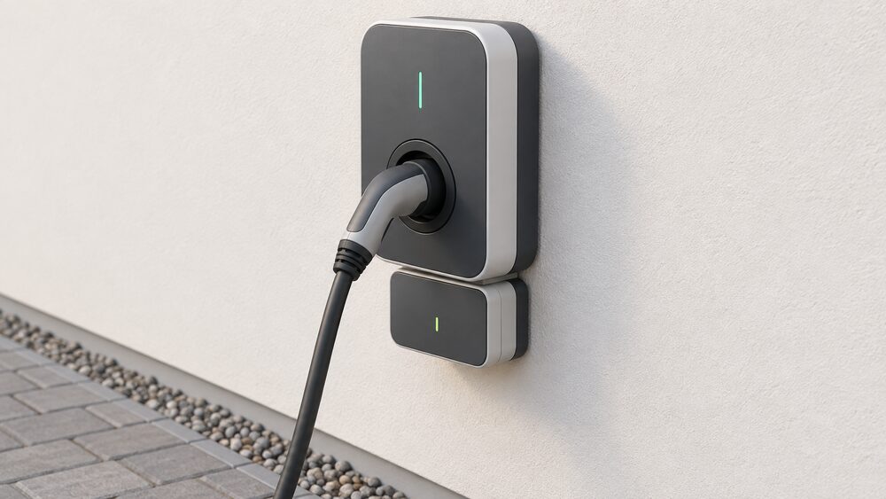 A close-up of a home EV charger wallbox mounted on an outside wall beside a driveway, with a small add-on expansion module fitted beneath it and a Type 2 charging cable plugged into the socket, nothing else in view.