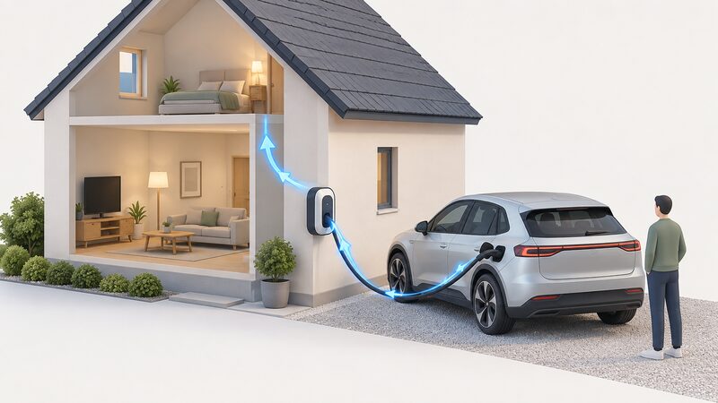 A wall-mounted home chargepoint with a tethered Type 2 cable plugged into a parked electric car, with a large arrow showing power flowing from the car battery back through the charger into the house.