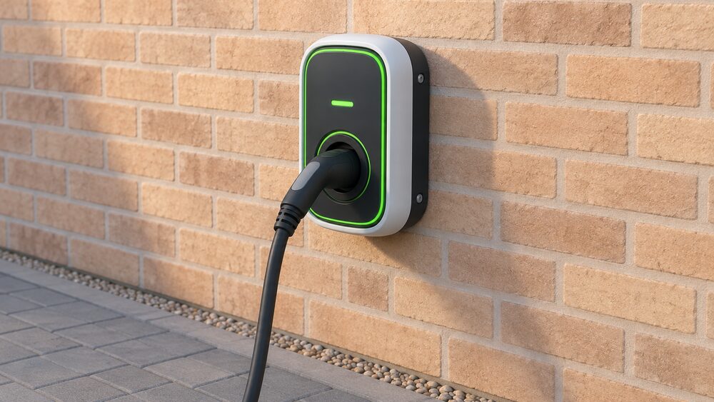 A close-up of a single wall-mounted Rolec-style domestic EV chargepoint bolted to an outside house wall beside a driveway, with a charging cable plugged into its universal socket, and nothing else in the scene.