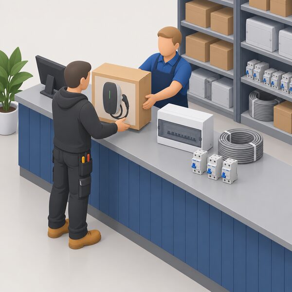 An electrician at a wholesaler trade counter collecting an EV charger in a box together with a consumer unit, a coil of cable and protective devices, all gathered in one transaction across the counter.