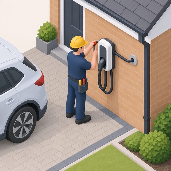 A qualified electrician in plain work clothing, shown as a simplified isometric figure, fits a wall-mounted home EV charge point beside a house driveway, running cable from the unit into the property wall.