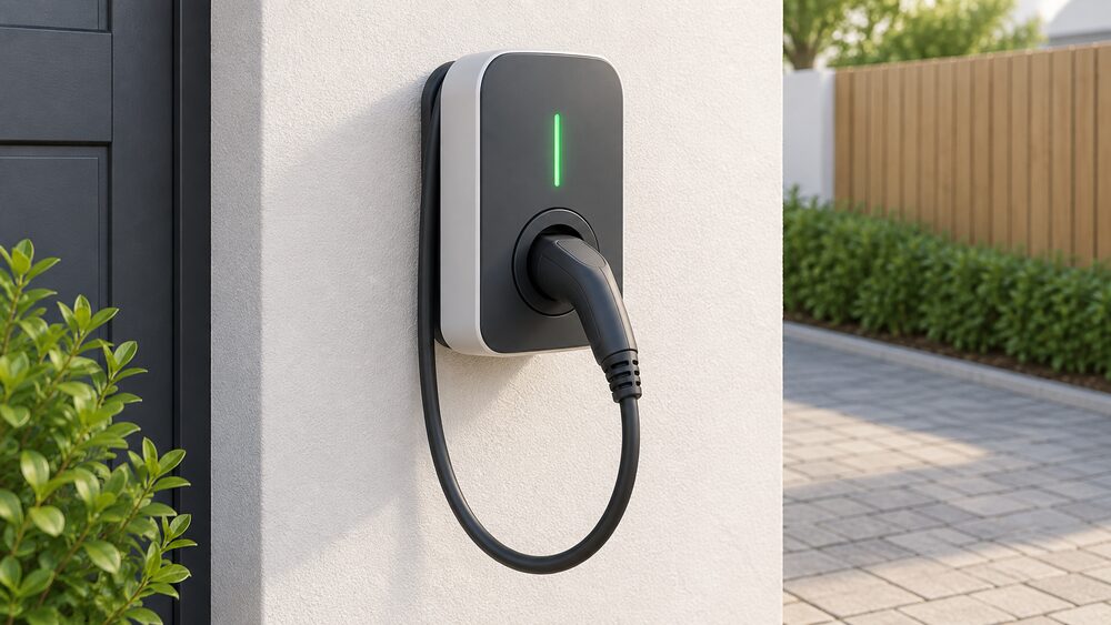 A wall-mounted home EV charge point unit on an outside house wall beside a driveway, shown close up with its charging cable and socket visible, with no car or people in the frame.