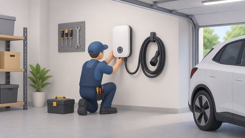 A white wall-mounted EV charge point on a garage wall with a coiled Type 2 cable hanging beside it, installed by a simplified electrician figure working nearby.
