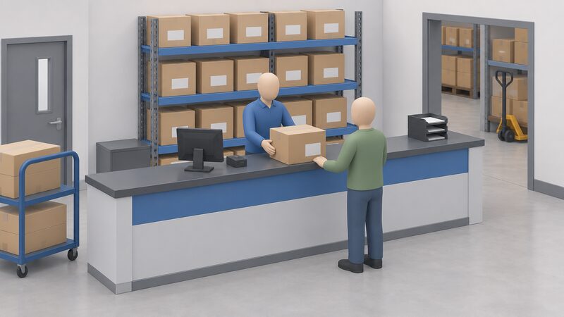 A wholesale trade counter with a neat stack of boxed EV charging units on the shelf behind the counter, one plain-clothes figure standing at the counter, the boxes shown as plain cardboard cartons with blank labels so no model or brand is readable.