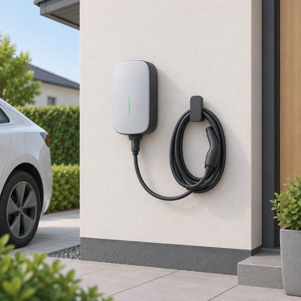 A compact wall-mounted 7 kW home EV charger on an exterior house wall, with its tethered charging cable coiled neatly on a hook mounted beside the unit.