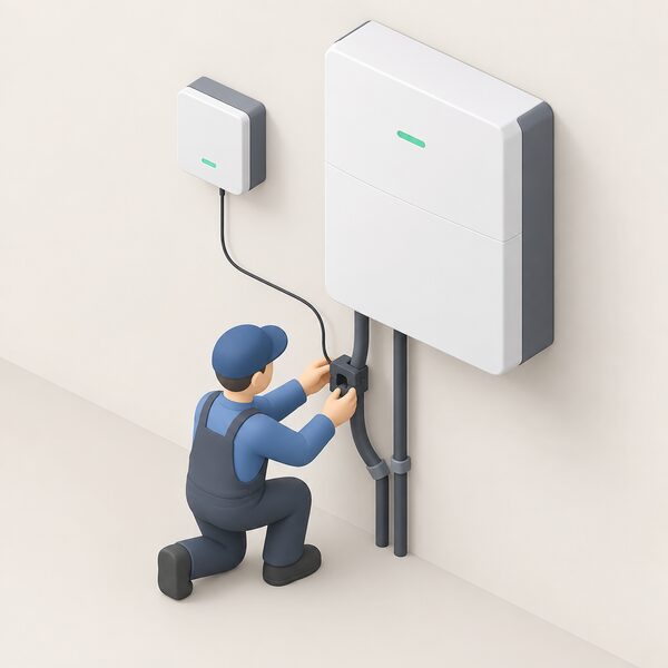 A close-up of a small isometric installer fitting a CT clamp around a single cable entering a wall-mounted home battery unit, with the clamp's thin lead running to a nearby energy manager device on the wall.